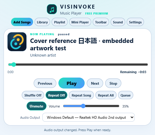 The actual native VISINVOKE Music Player with centred playback controls, local album artwork and an audio output selector