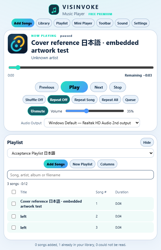 Actual scrolling playlist directly beneath the compact player, with Add Songs and New Playlist controls