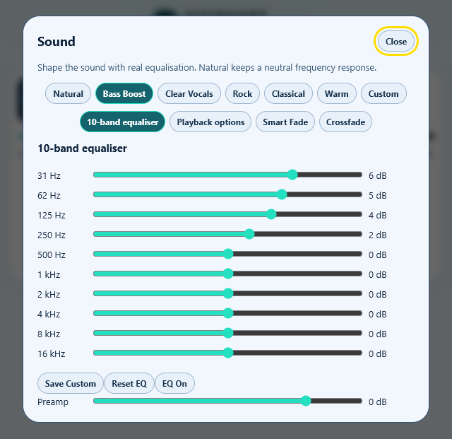 Actual Sound panel with presets, ten frequency bands, preamp and playback options